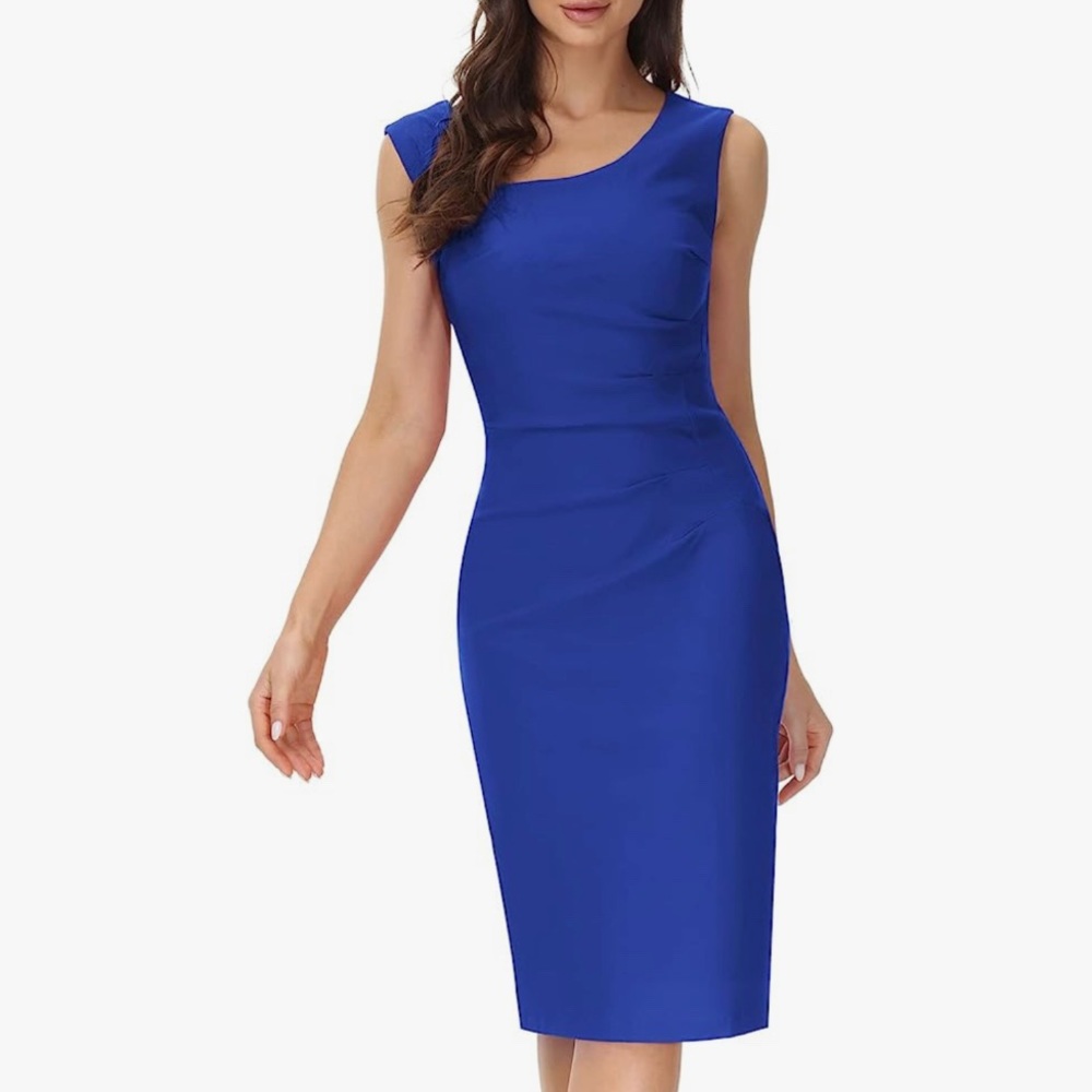 NWT Belle Poque Royal Blue V-Neck Ruched Midi Dress | Size Small